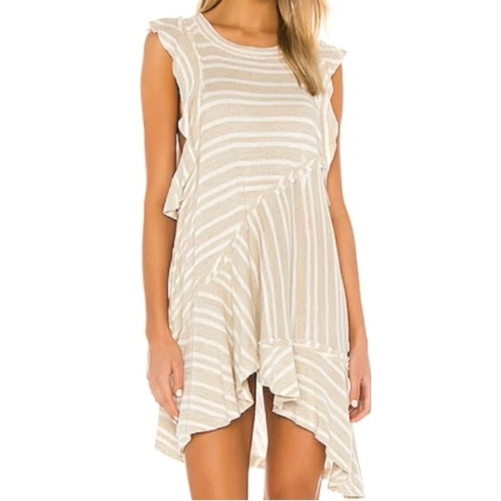 Free People Mini Dress Women Small Beige Stripe Ruffle Sun Valley Boho Tunic